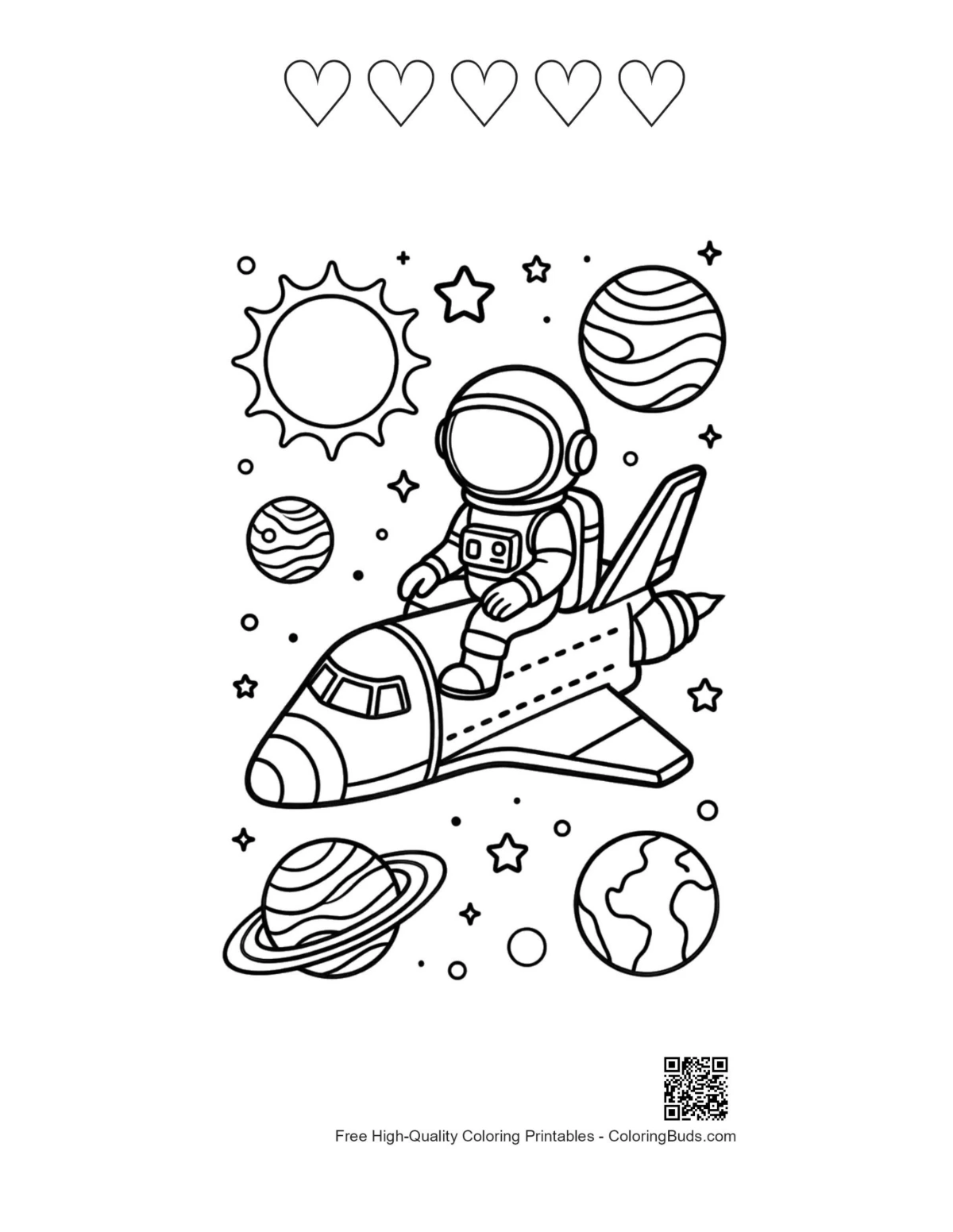 Space shuttle astronaut with 5 heart outlines printable