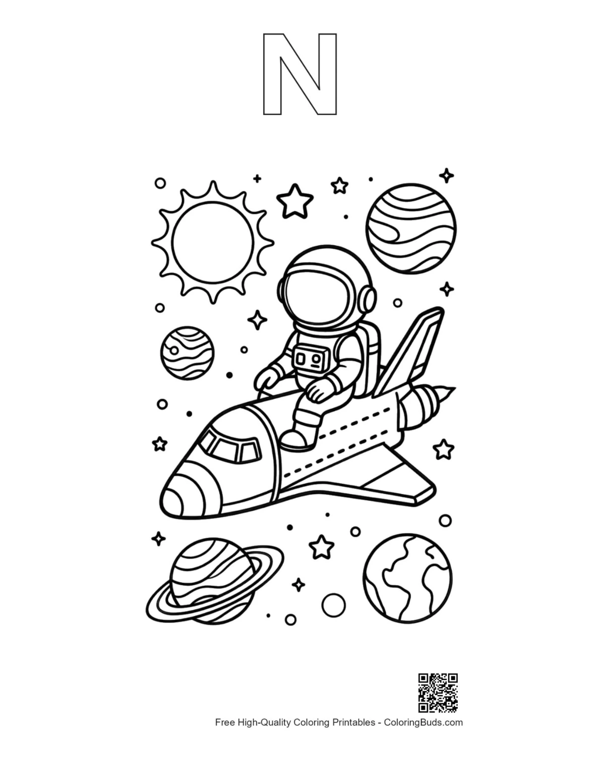Cute astronaut space shuttle with alphabet N outline