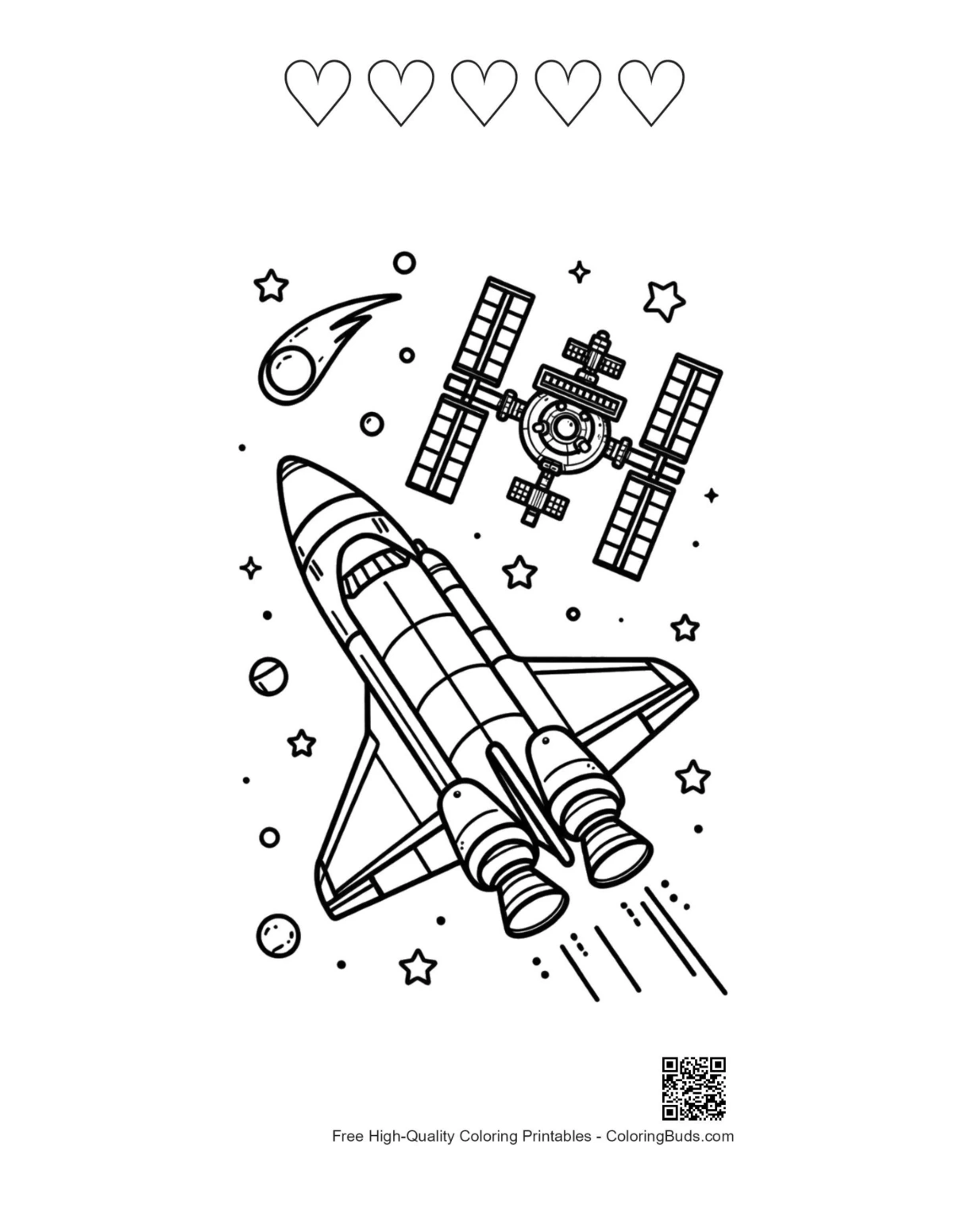 Cute space shuttle with 5 hearts outline printable