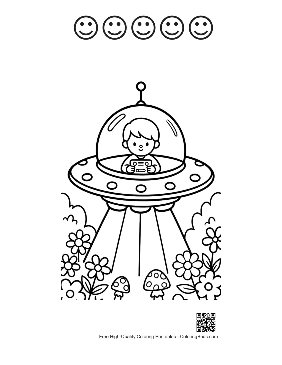 Cute UFO with 5 happy faces outline