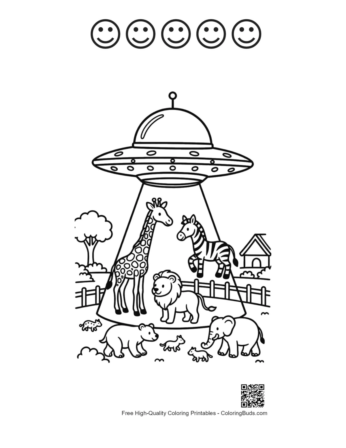Cute UFO and happy faces outline sheet