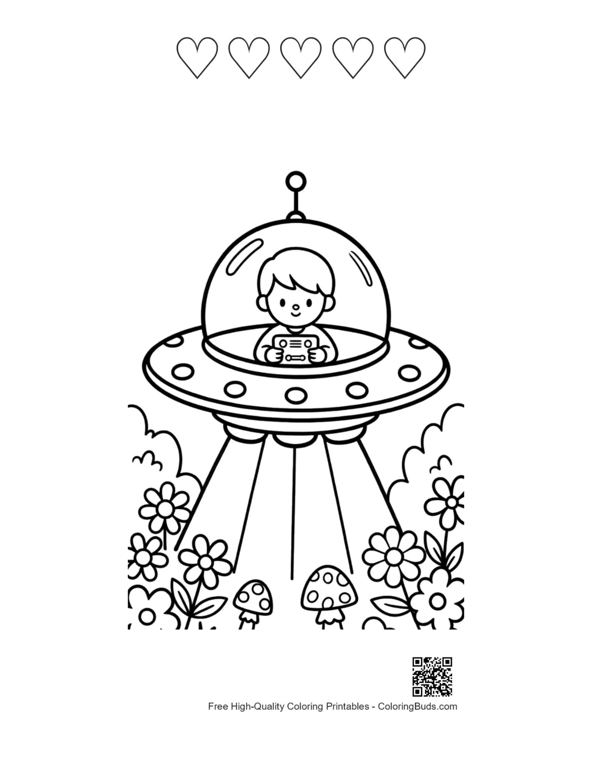 Cute UFO with 5 hearts outline printable