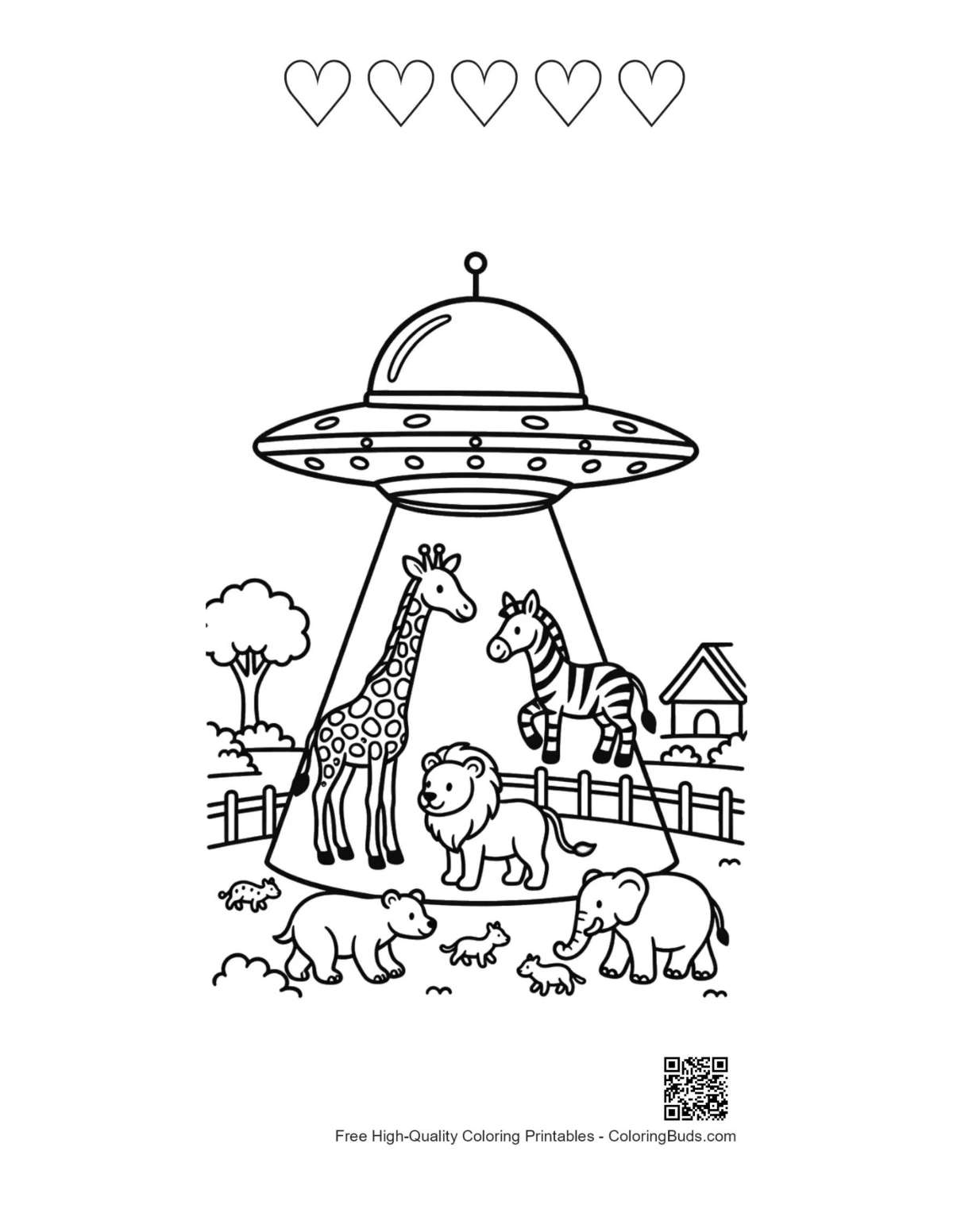 Cute UFO with hearts outline printable
