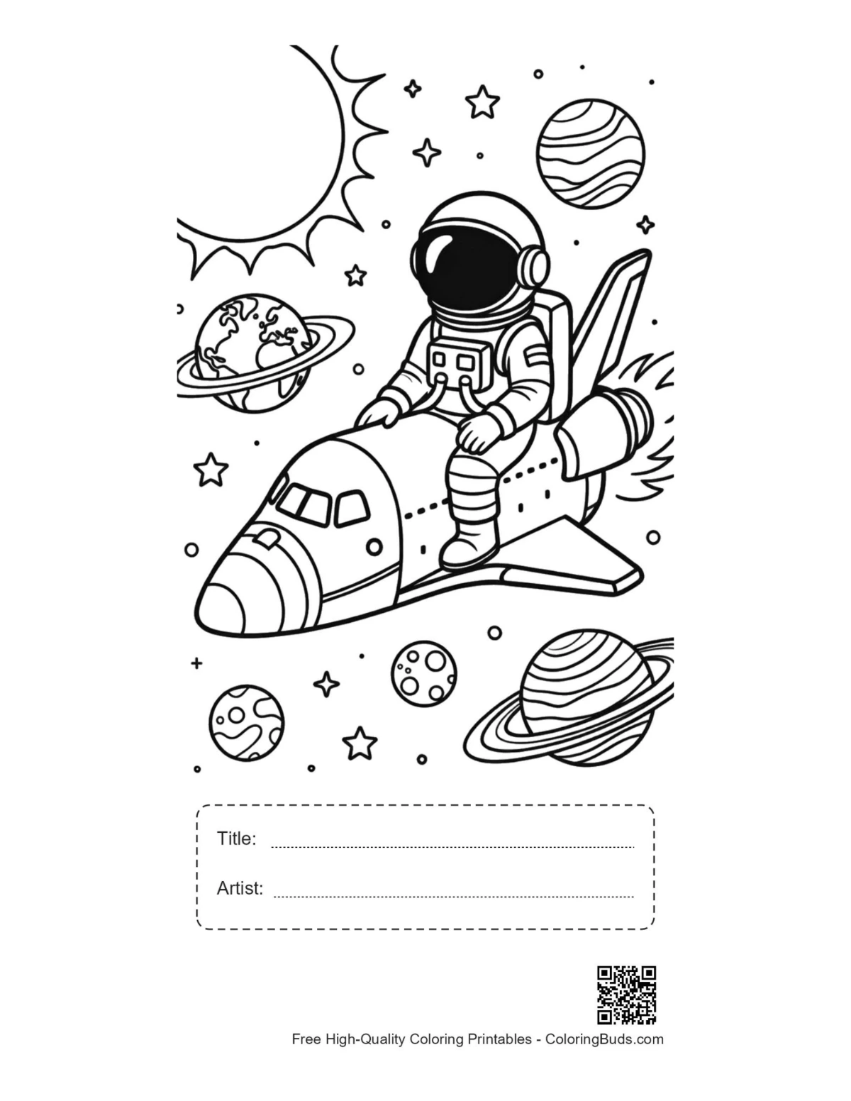 Space shuttle printable with title artist box for coloring