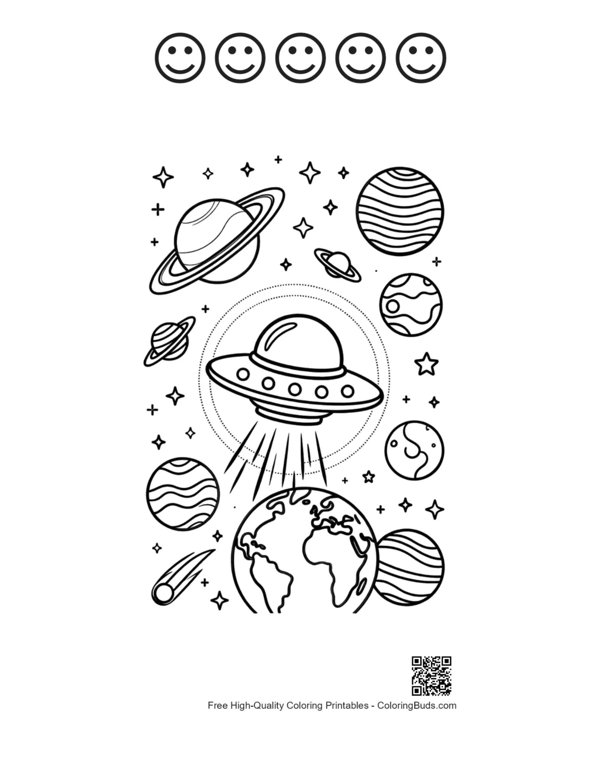 Cute UFO 5 happy faces outline printable
