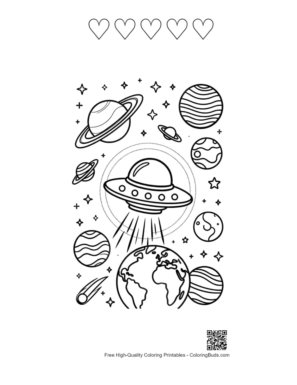 UFO hearts outline coloring page printable download