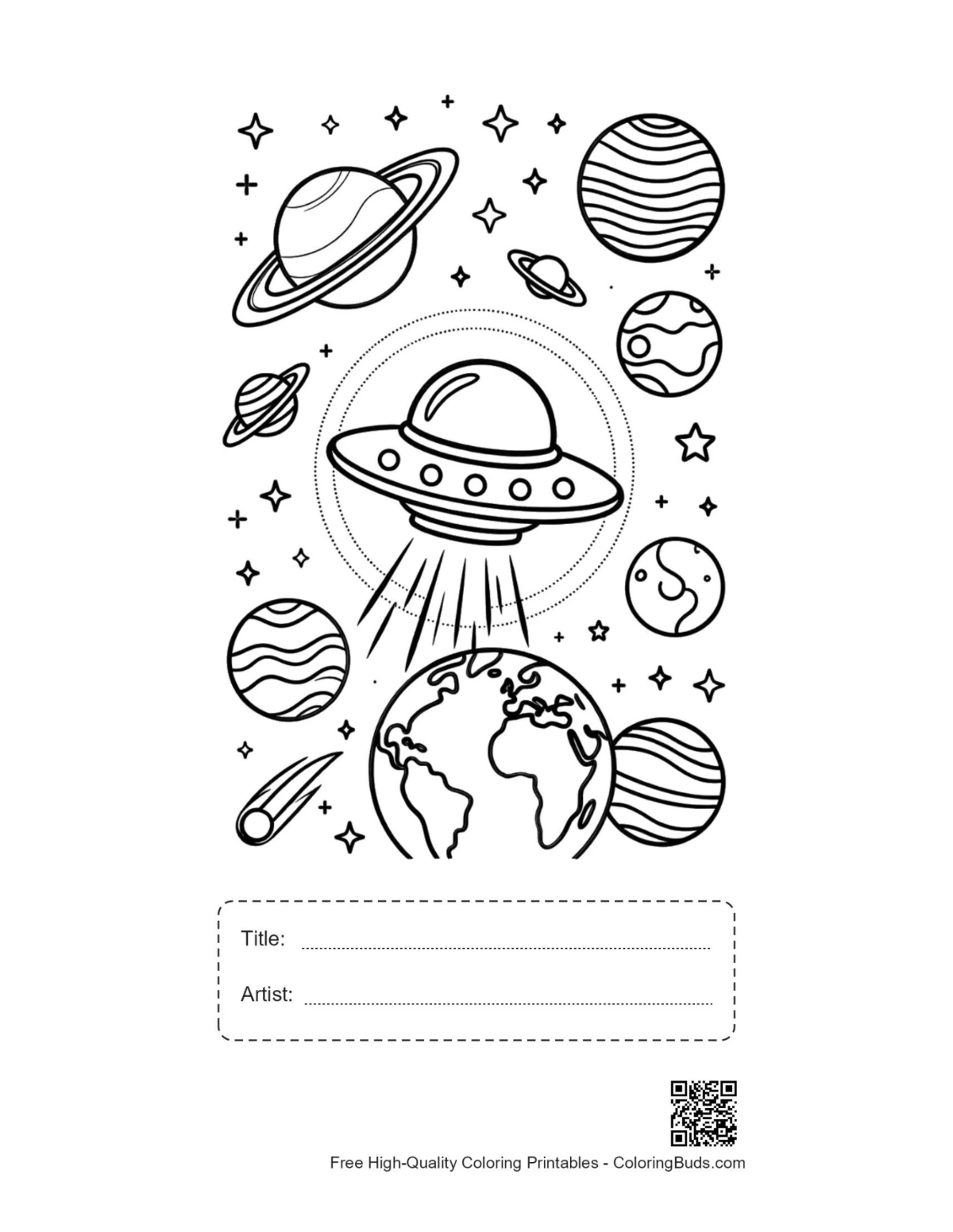 UFO coloring page with title artist box printable