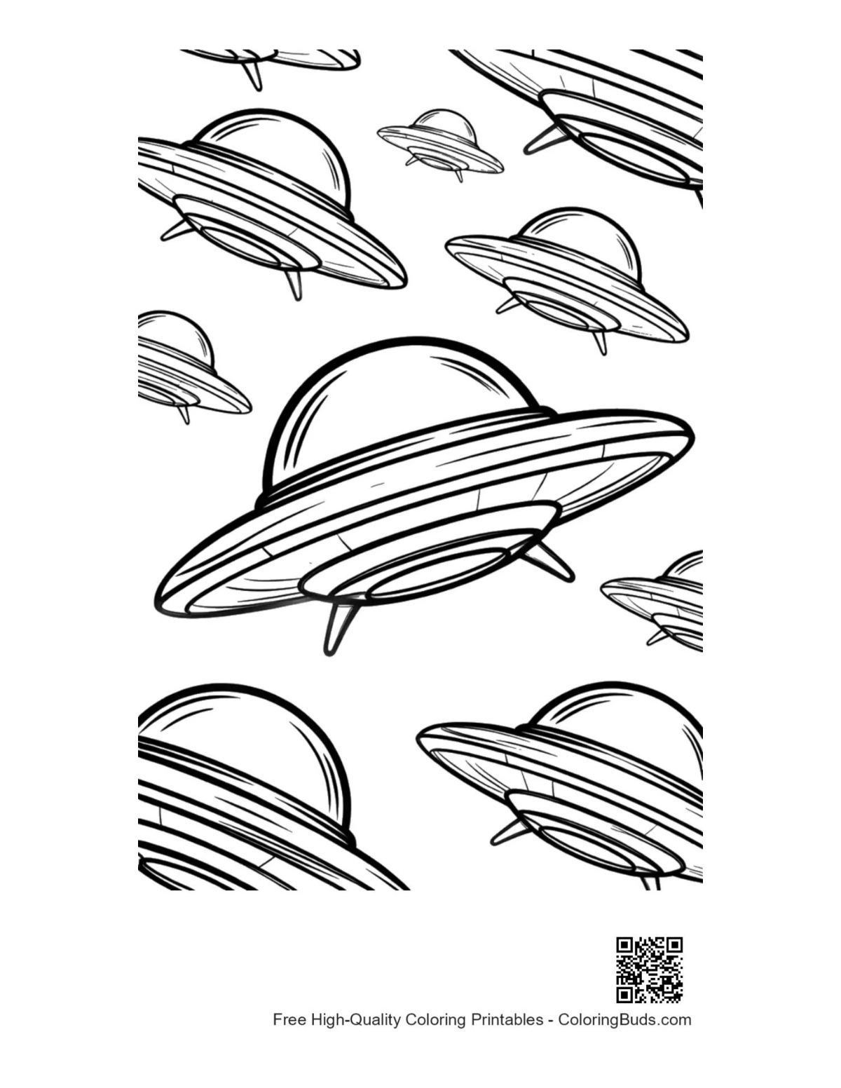 Playful fleet of UFOs coloring page