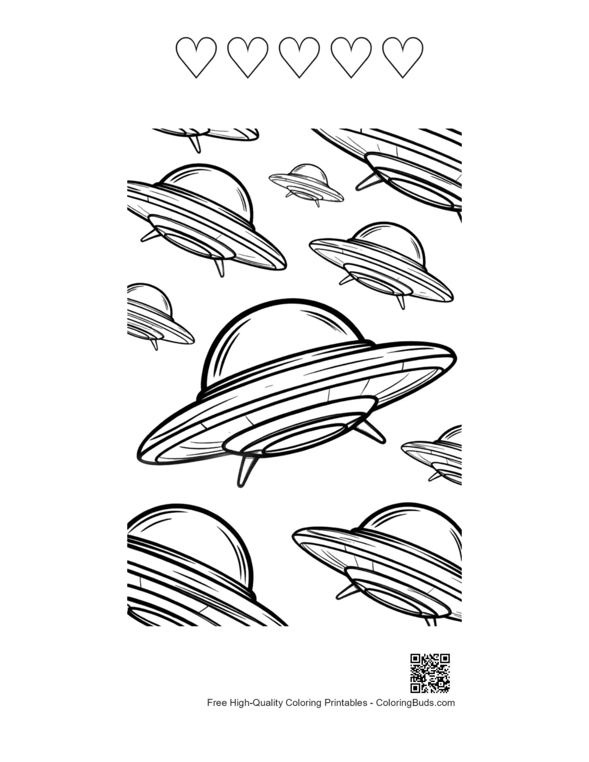 Heart-themed UFO fleet coloring printable