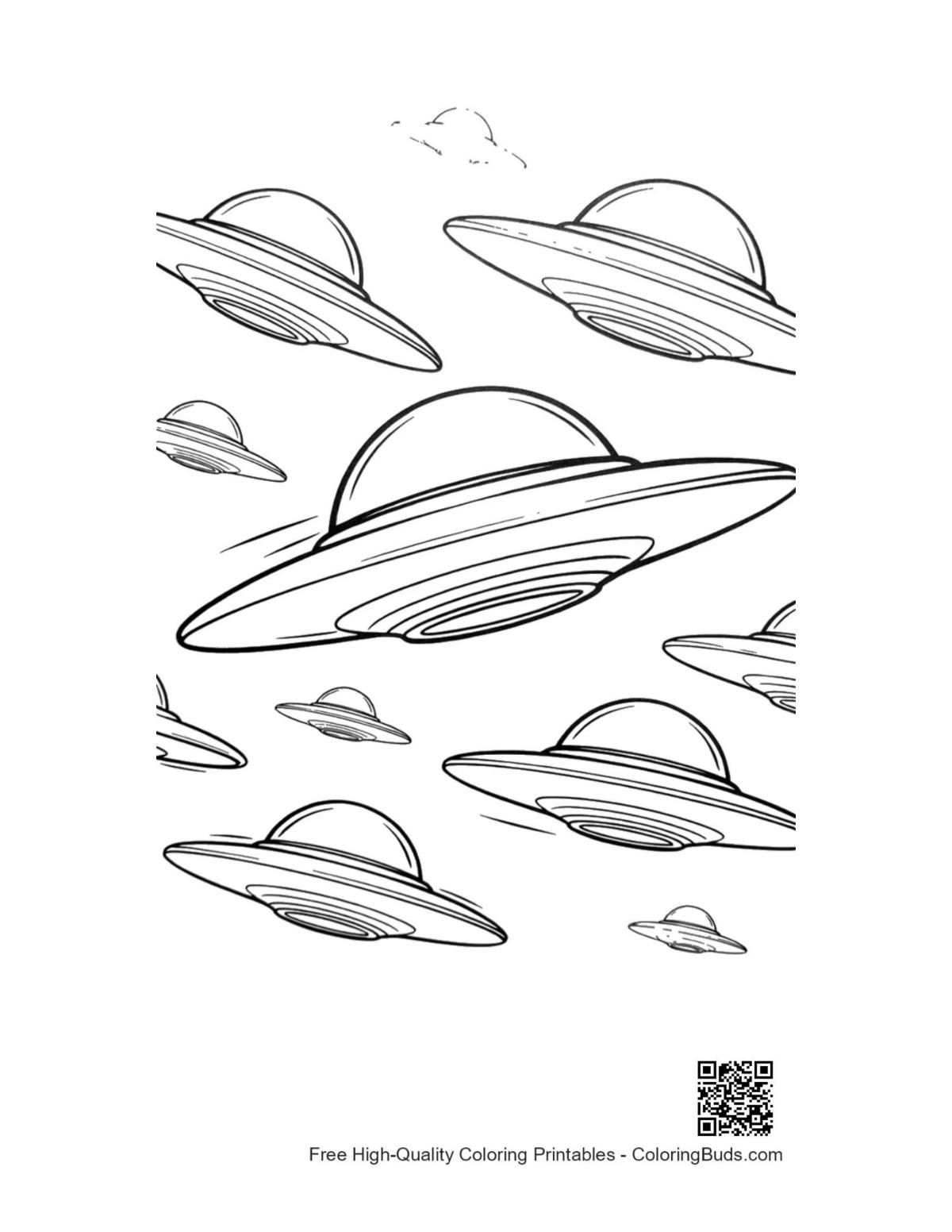 Fleet of UFOs flying in sky coloring page