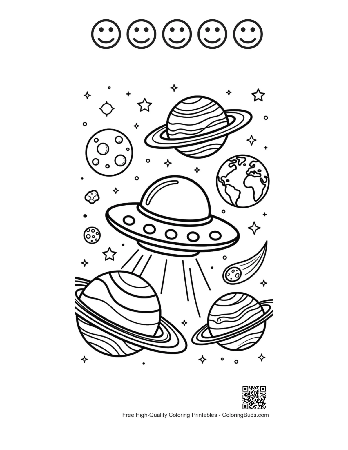 UFO page with 5 happy faces printable