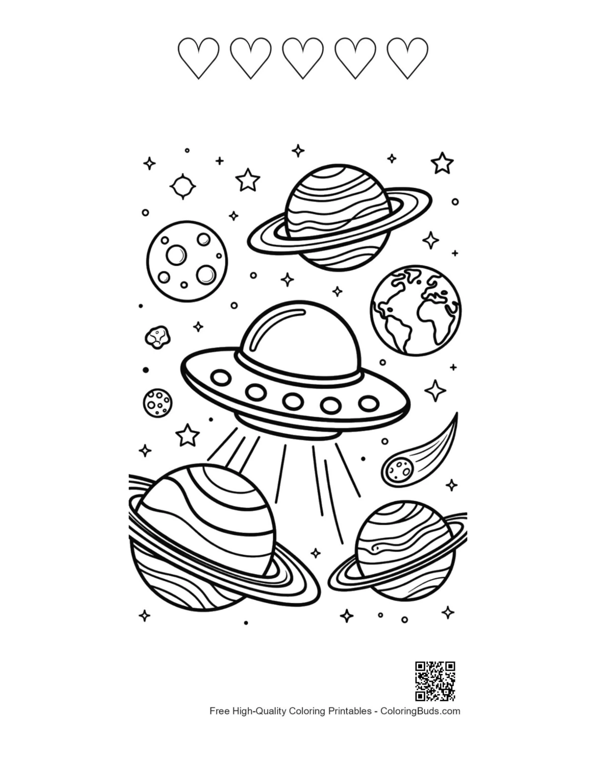 UFO coloring printable with 5 hearts