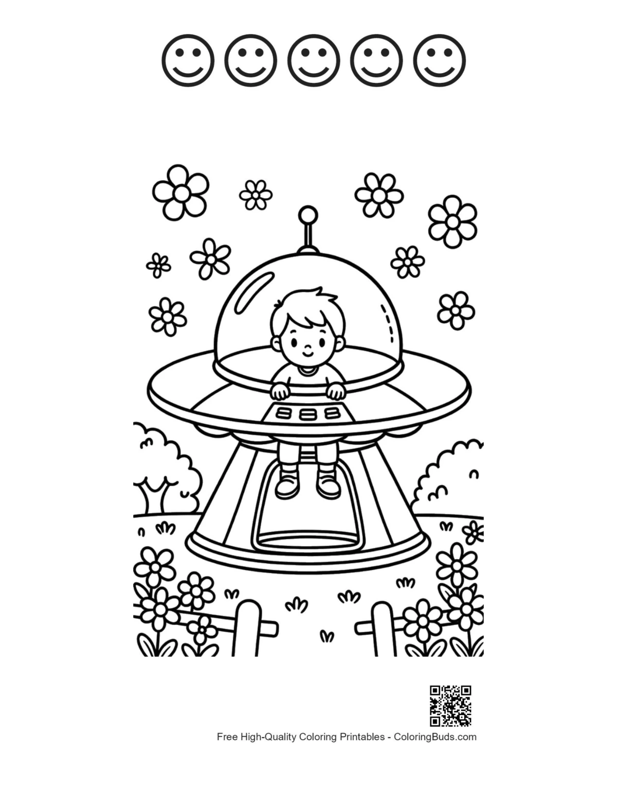 UFO and 5 happy faces outline for kids printable