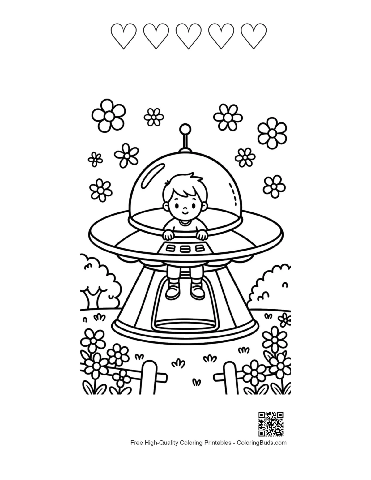 UFO with 5 hearts outline kids coloring printable