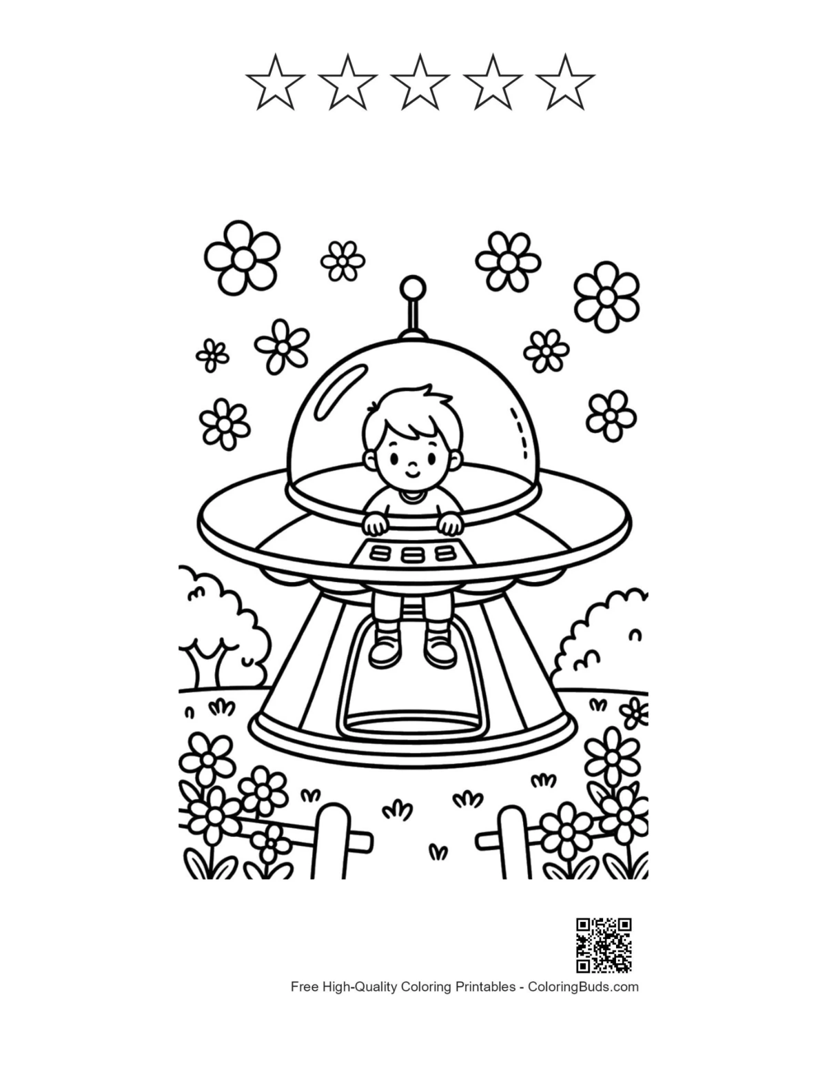 UFO with 5 stars outline printable coloring sheet
