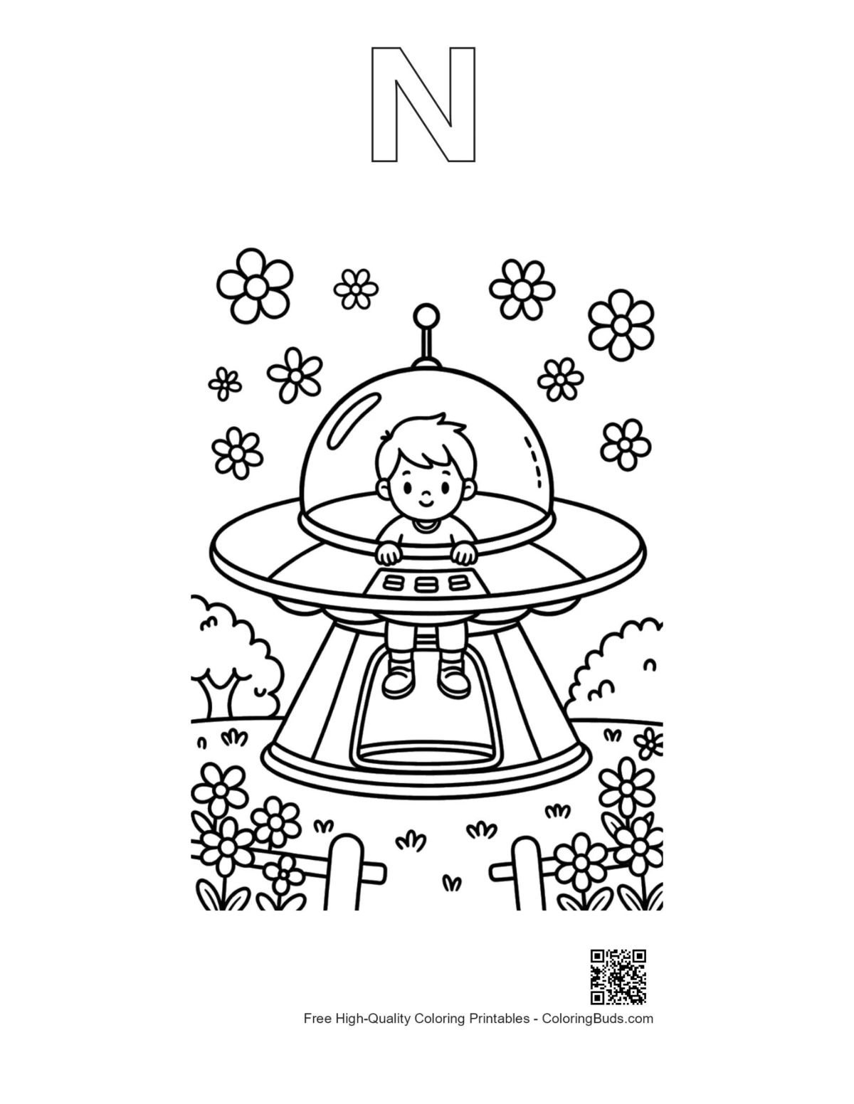 UFO outline with alphabet letter N printable for kids