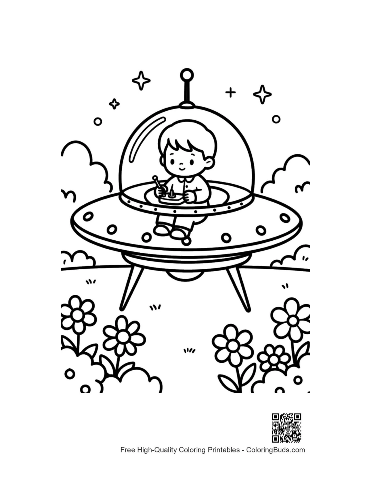Happy alien kid flying saucer over flower field coloring page