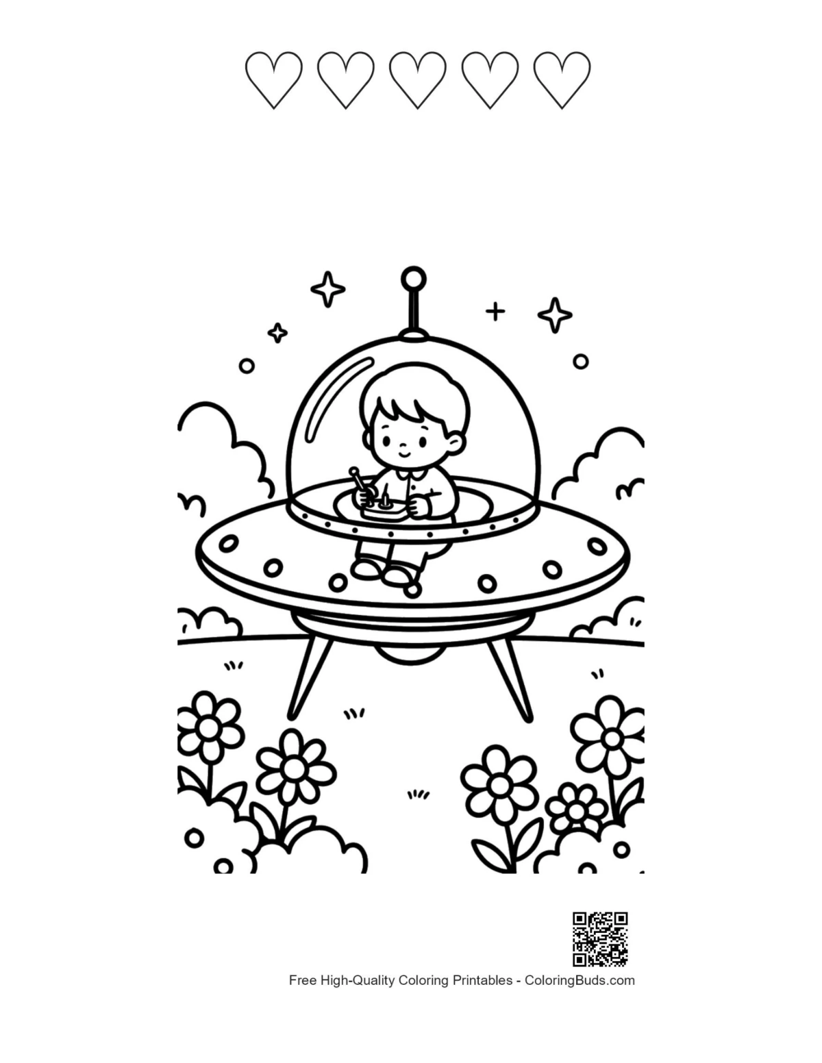 UFO coloring printable with hearts, alien, and flower field