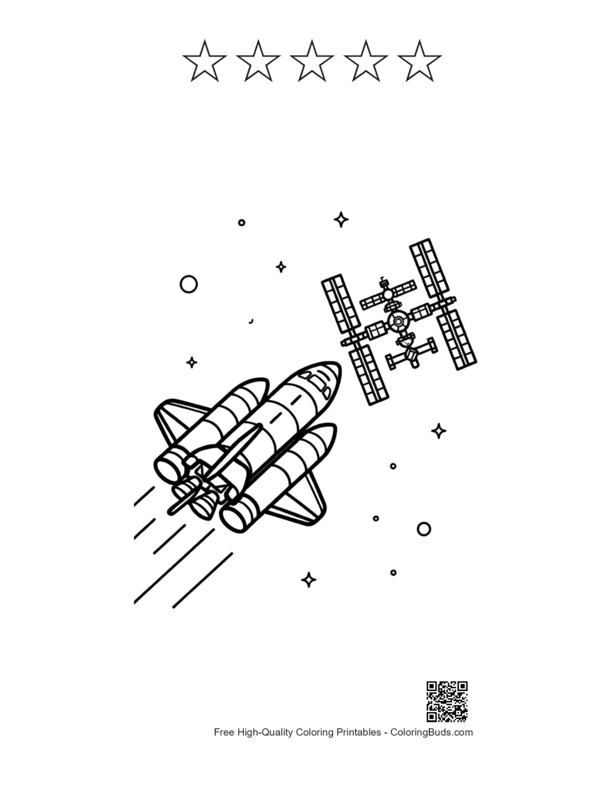 Space shuttle printable with 5 star outlines coloring page