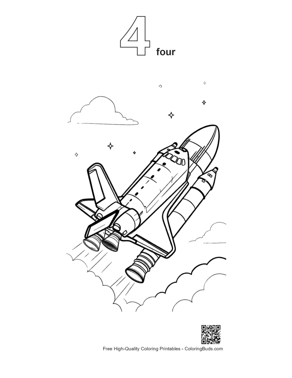 Space shuttle deep space outline number 4 coloring printable