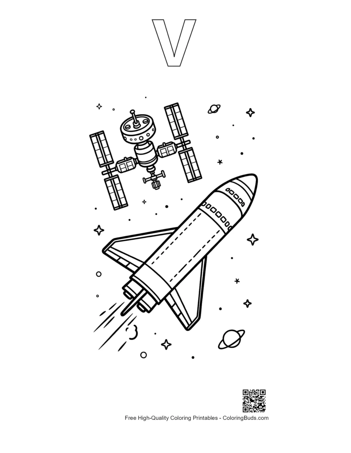 Space shuttle coloring sheet with alphabet V outline