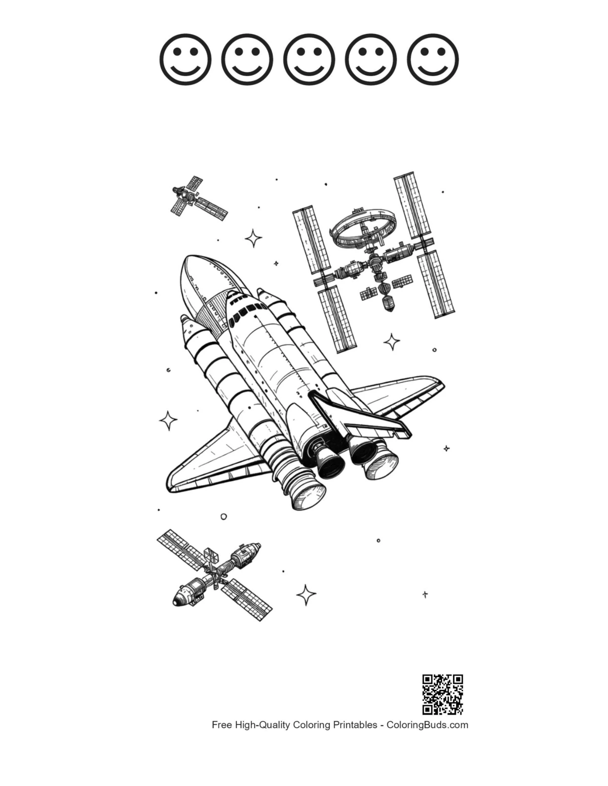 Space shuttle docking ISS printable 5 happy faces outline