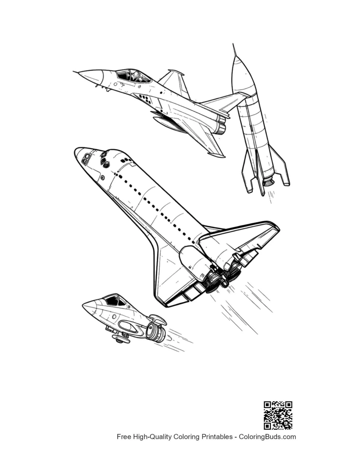 Space shuttle fighter jet rocket line art printable
