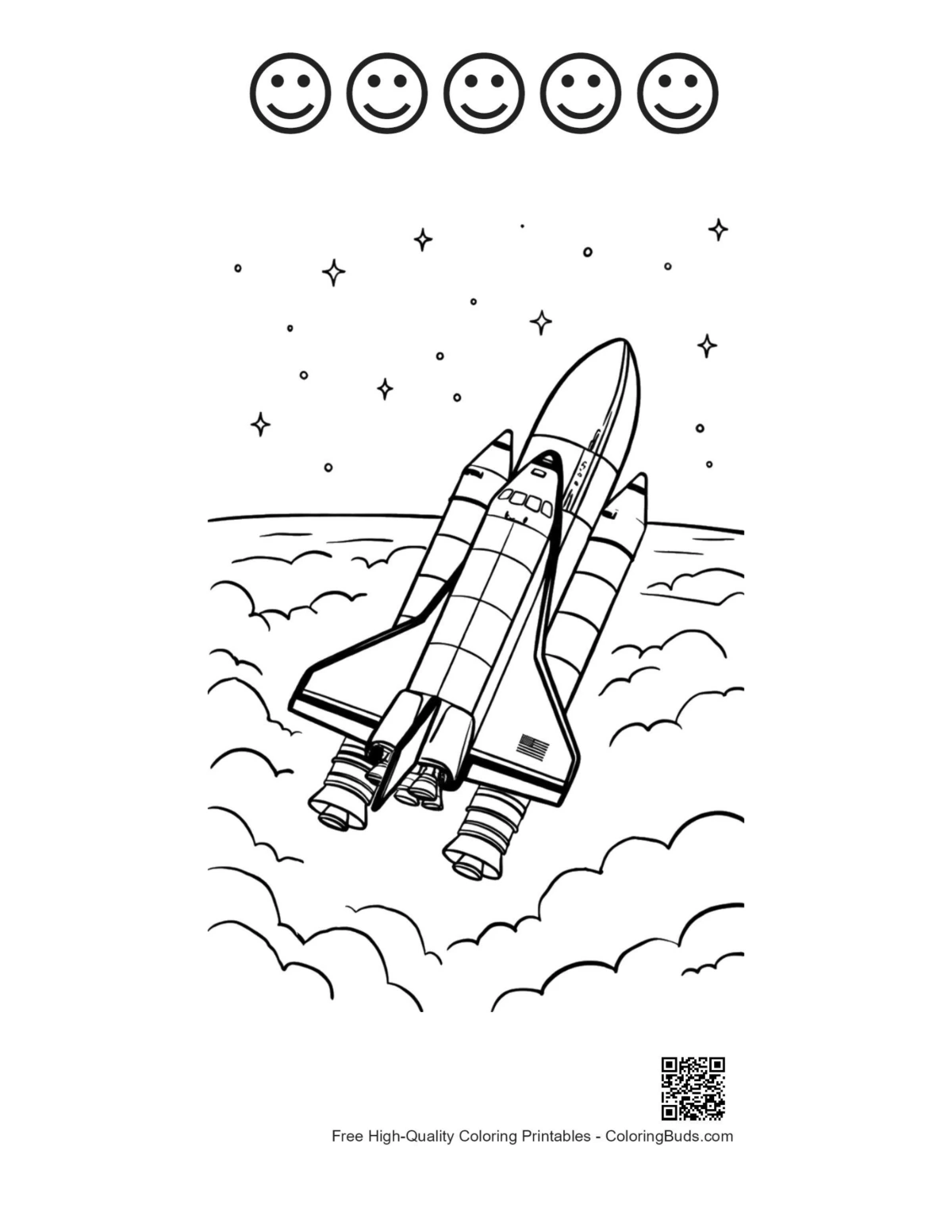Space shuttle coloring with 5 happy face outlines printable