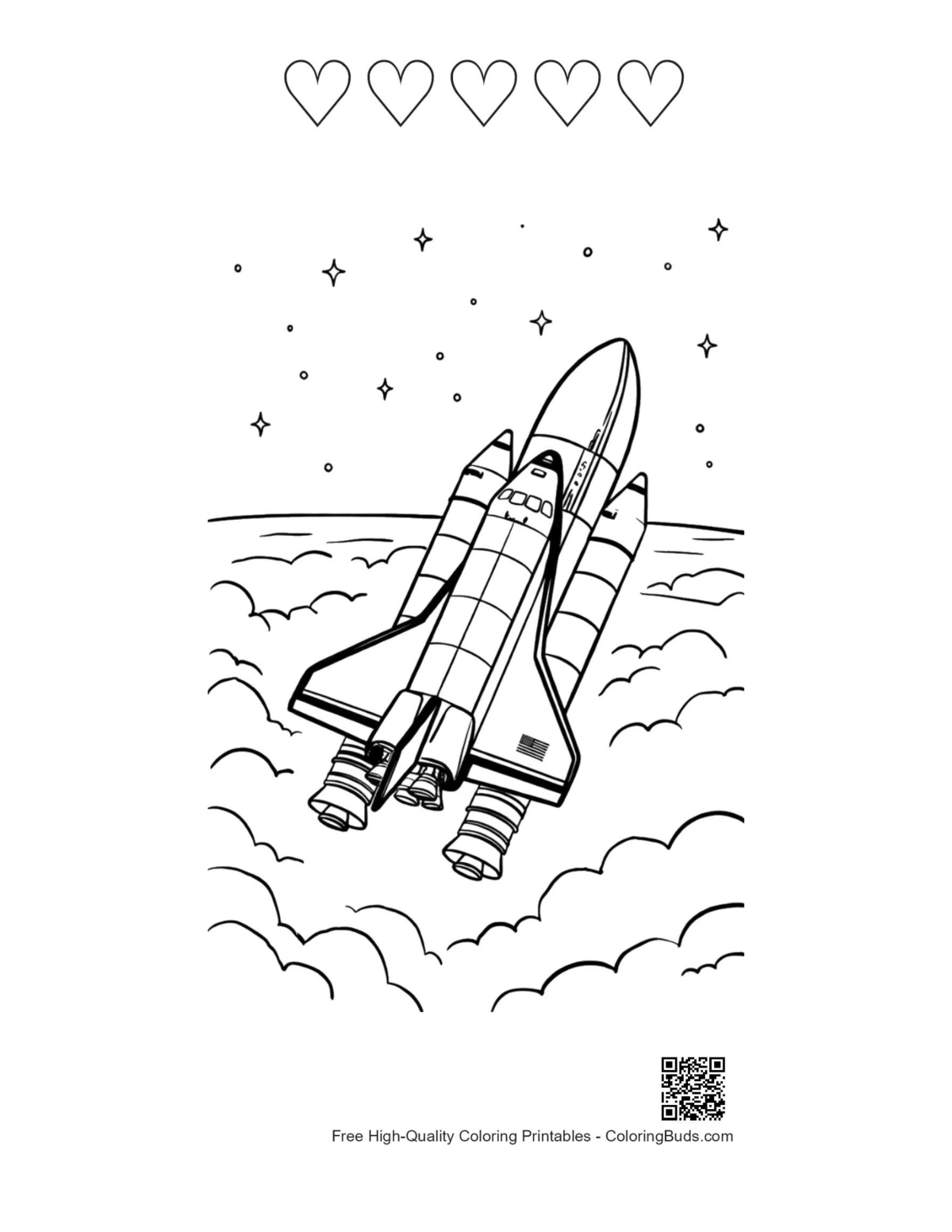 Space shuttle printable 5 heart outlines above atmosphere