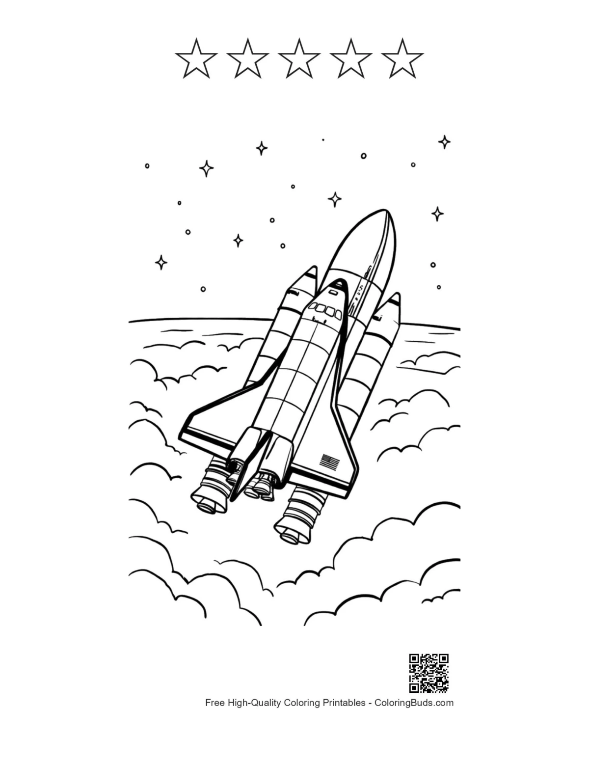 Space shuttle printable with 5 star outlines above Earth