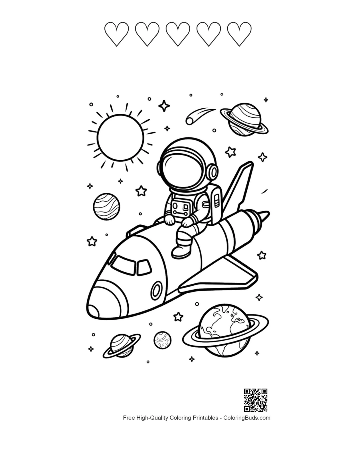 Space shuttle solar system hearts coloring page