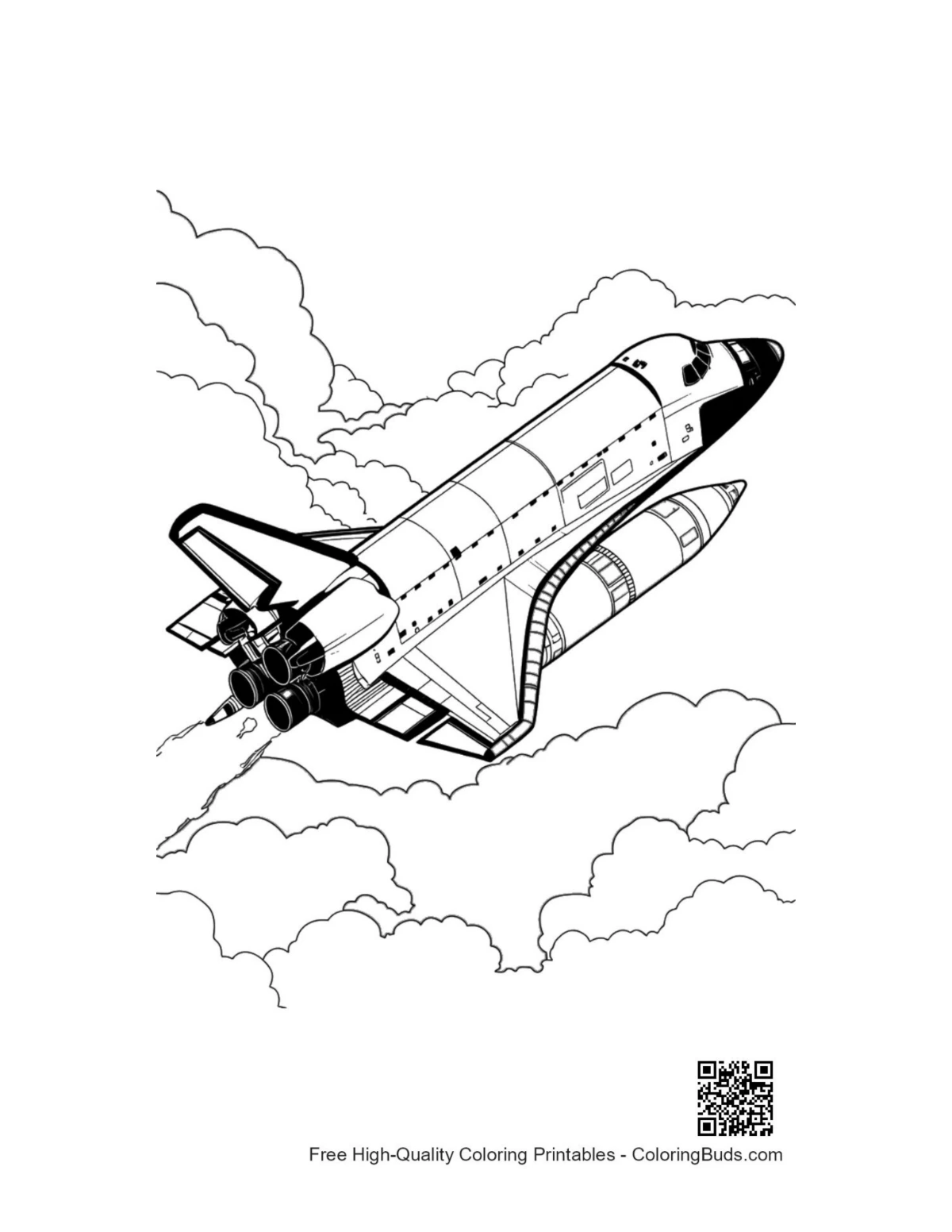 Space shuttle launching through clouds coloring page
