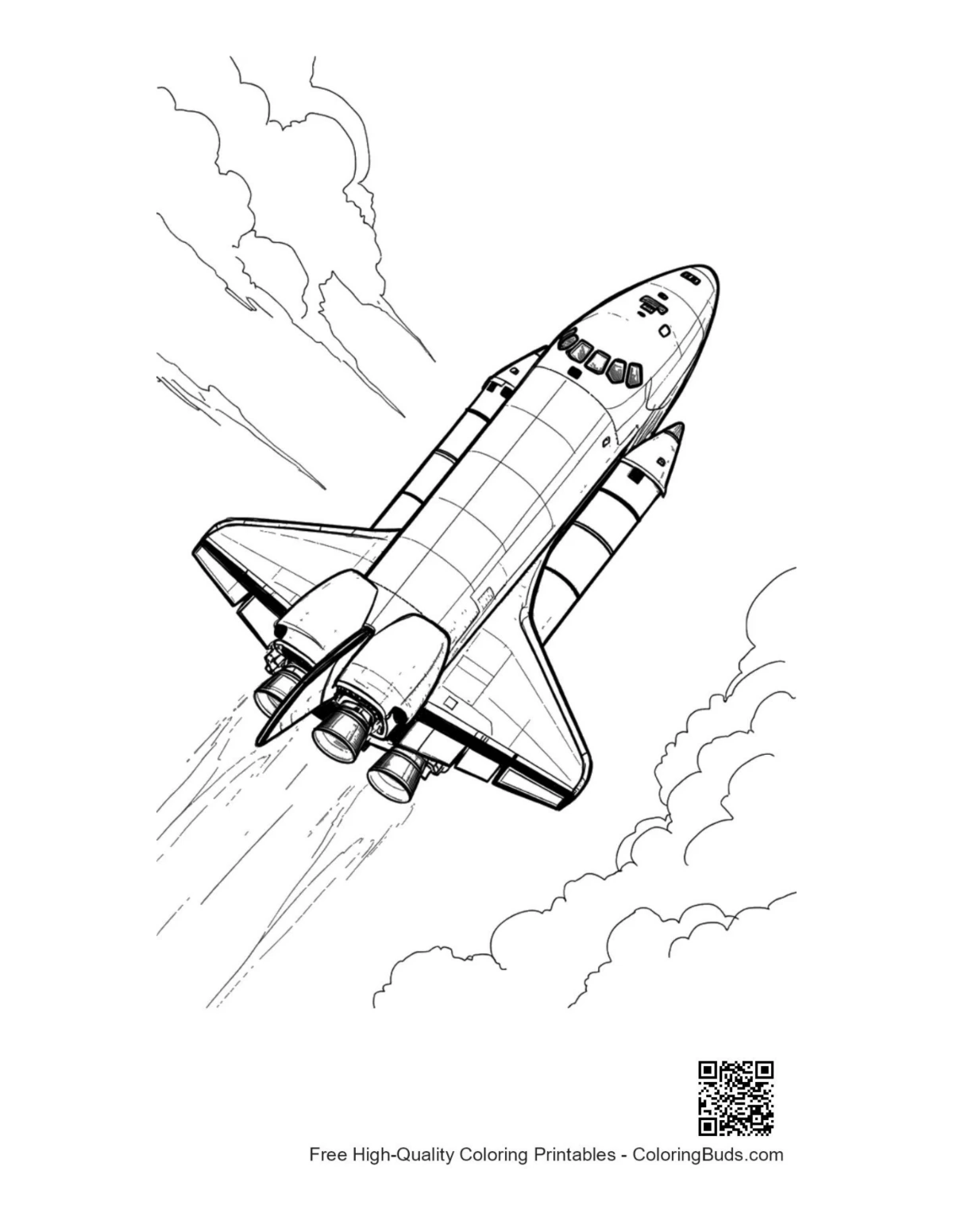 Space Shuttle launching through clouds coloring page
