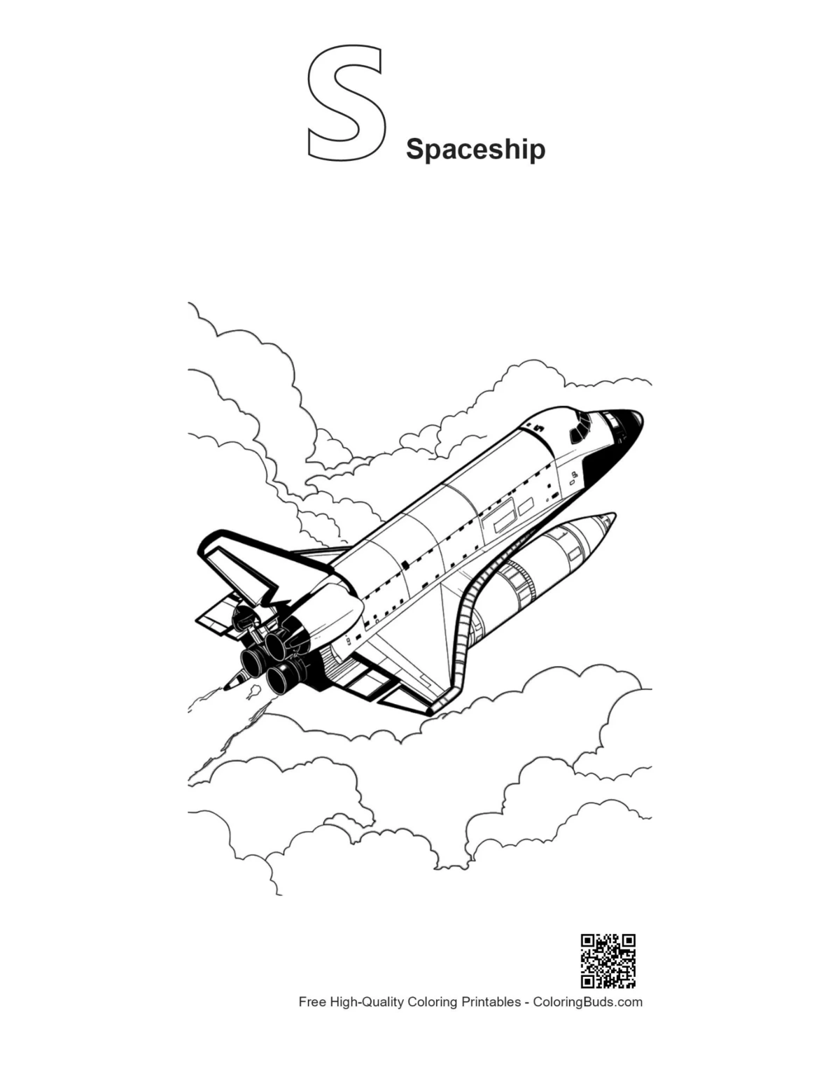 Space shuttle outline with letter S coloring page