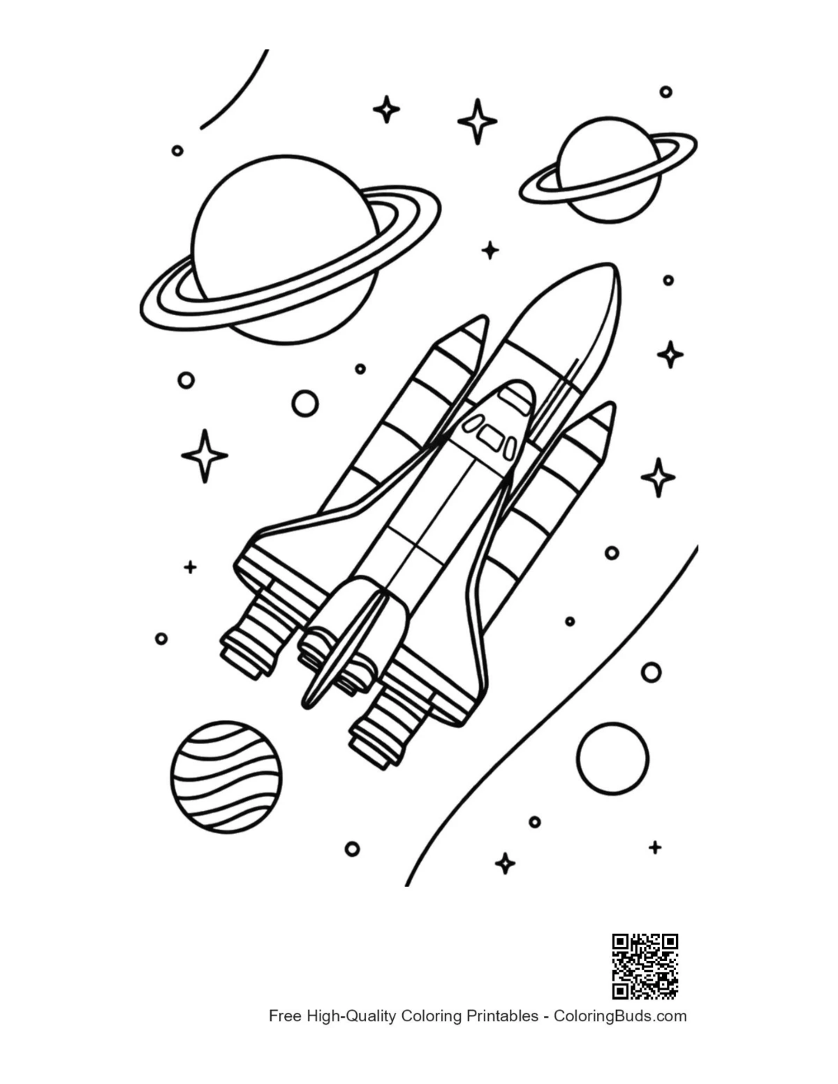 Space shuttle near crescent moon coloring printable