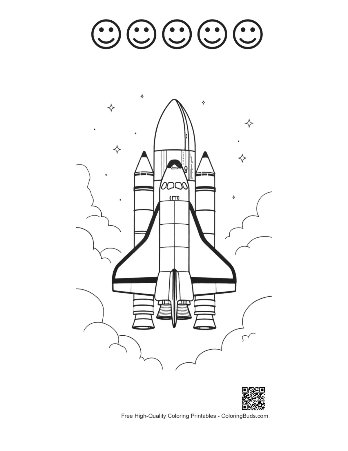 Space Shuttle coloring page with happy faces outlines