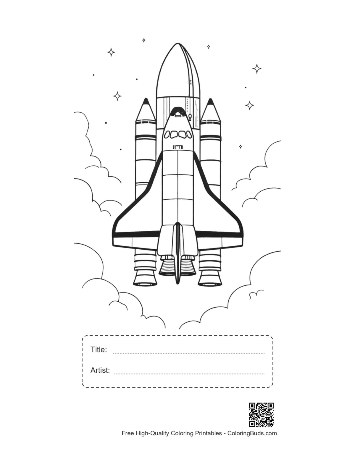 Space Shuttle lift-off coloring page with title box