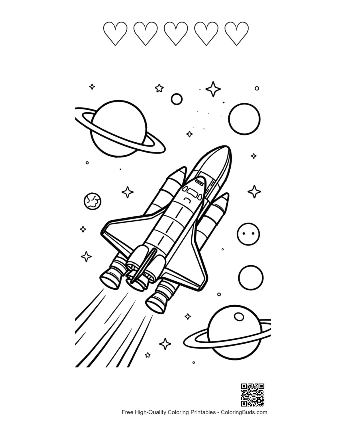 Heart outlines on space shuttle moon planets printable page