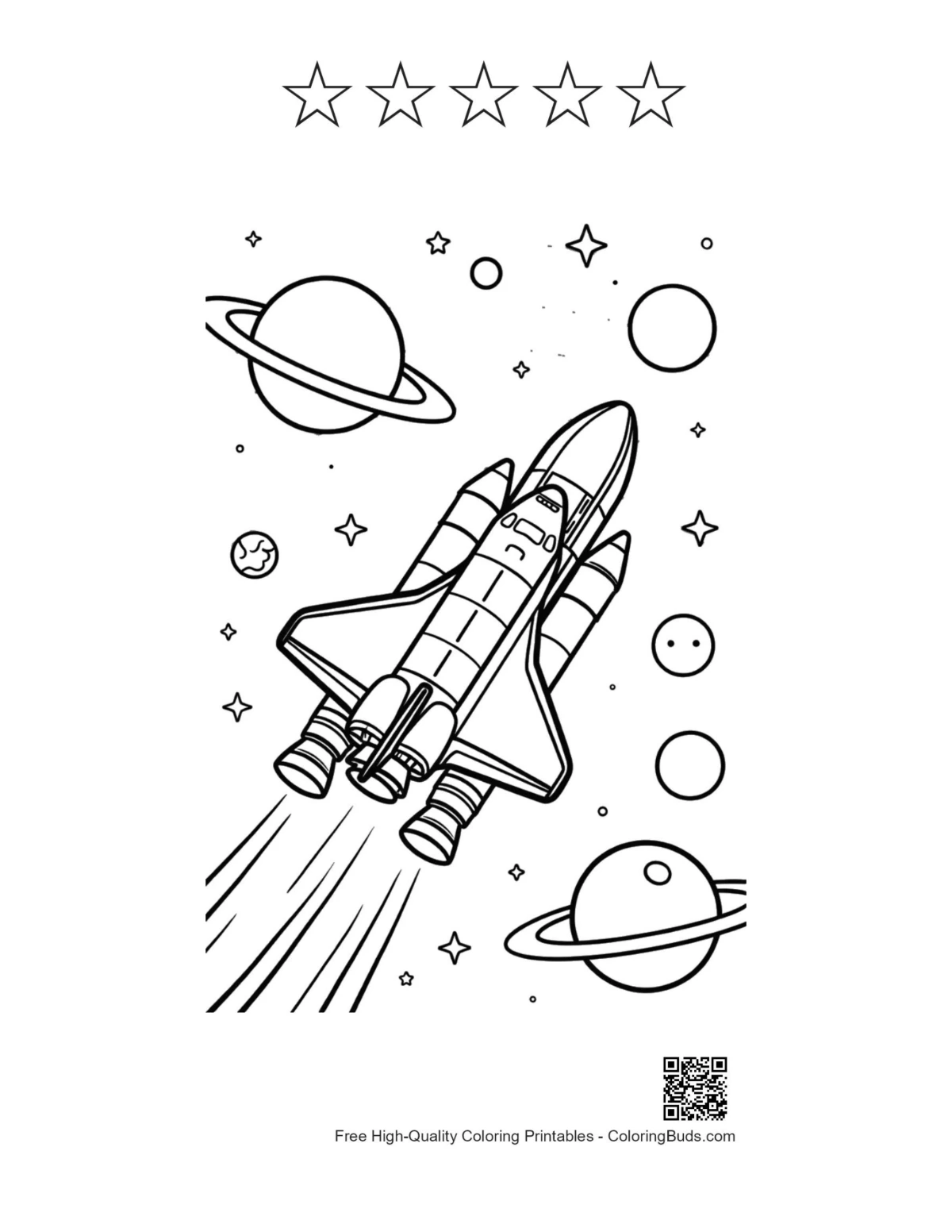 Space shuttle with 5 star outlines moon planets coloring printable
