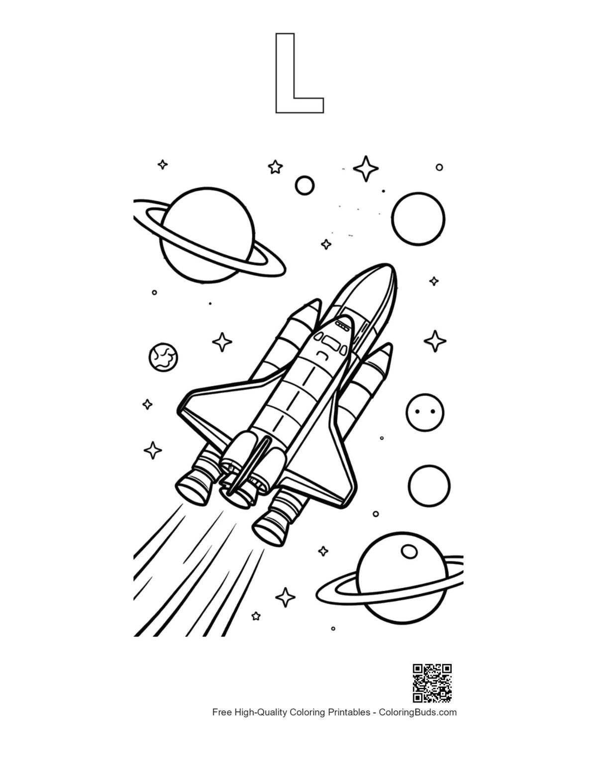 Outline alphabet L space shuttle moon planets printable sheet