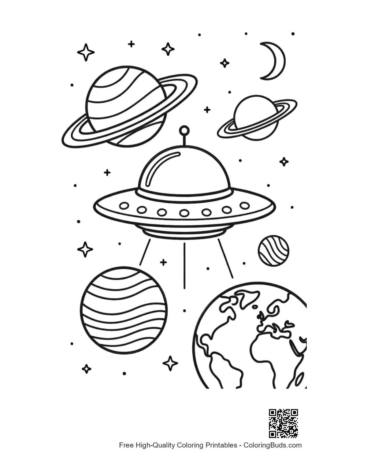 Printable spaceship orbiting Earth with stars UFO coloring page