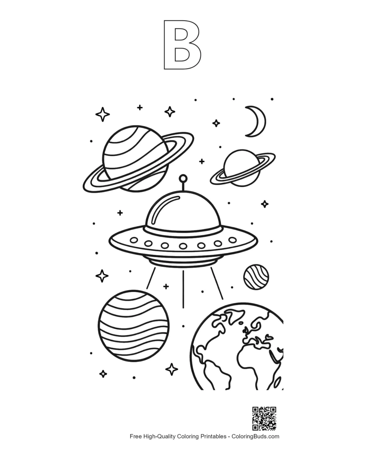 Spaceship Earth stars printable outline alphabet B UFO page