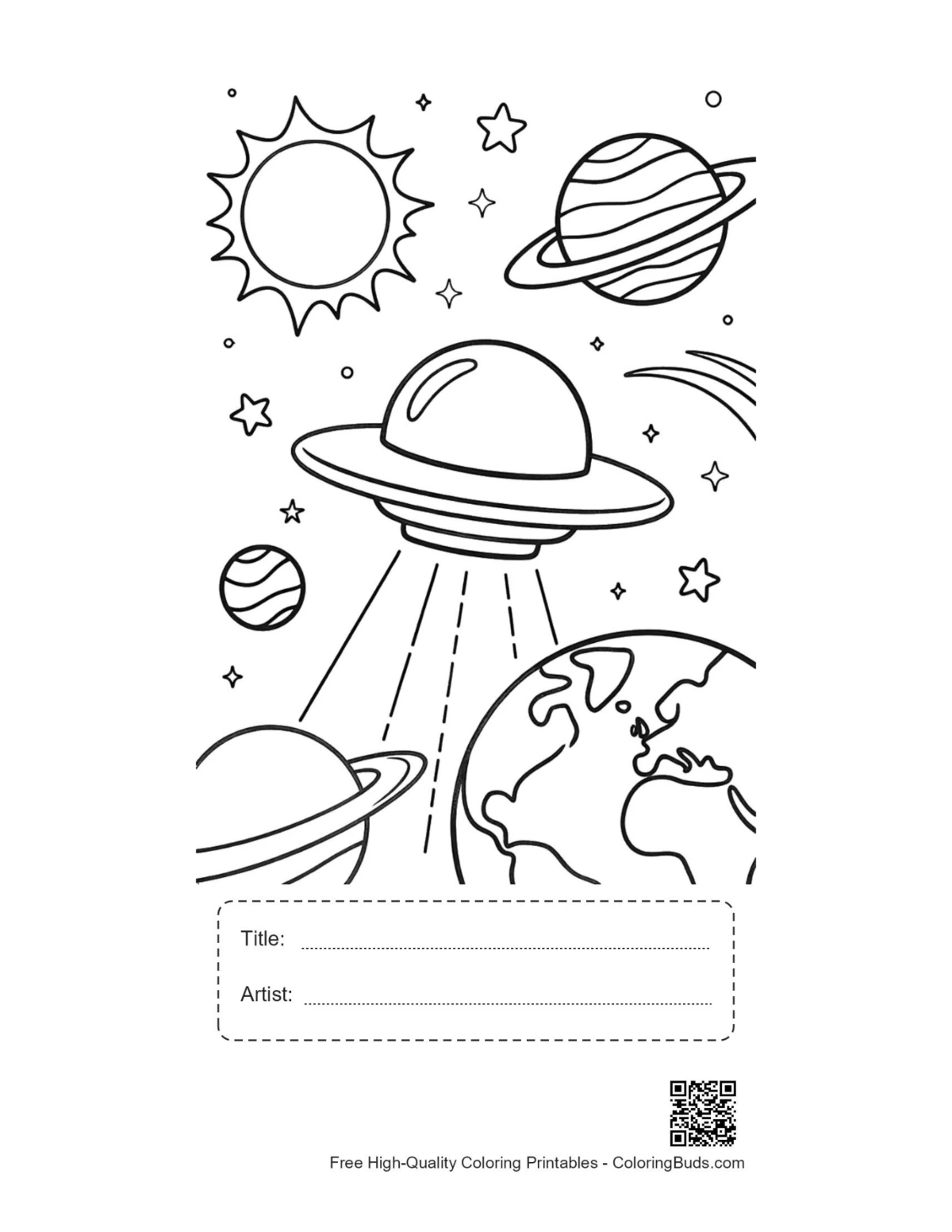 Spaceship printable with title and artist box coloring sheet