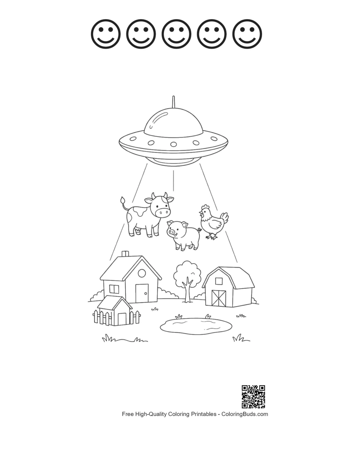 UFO farm printable 5 happy faces outline