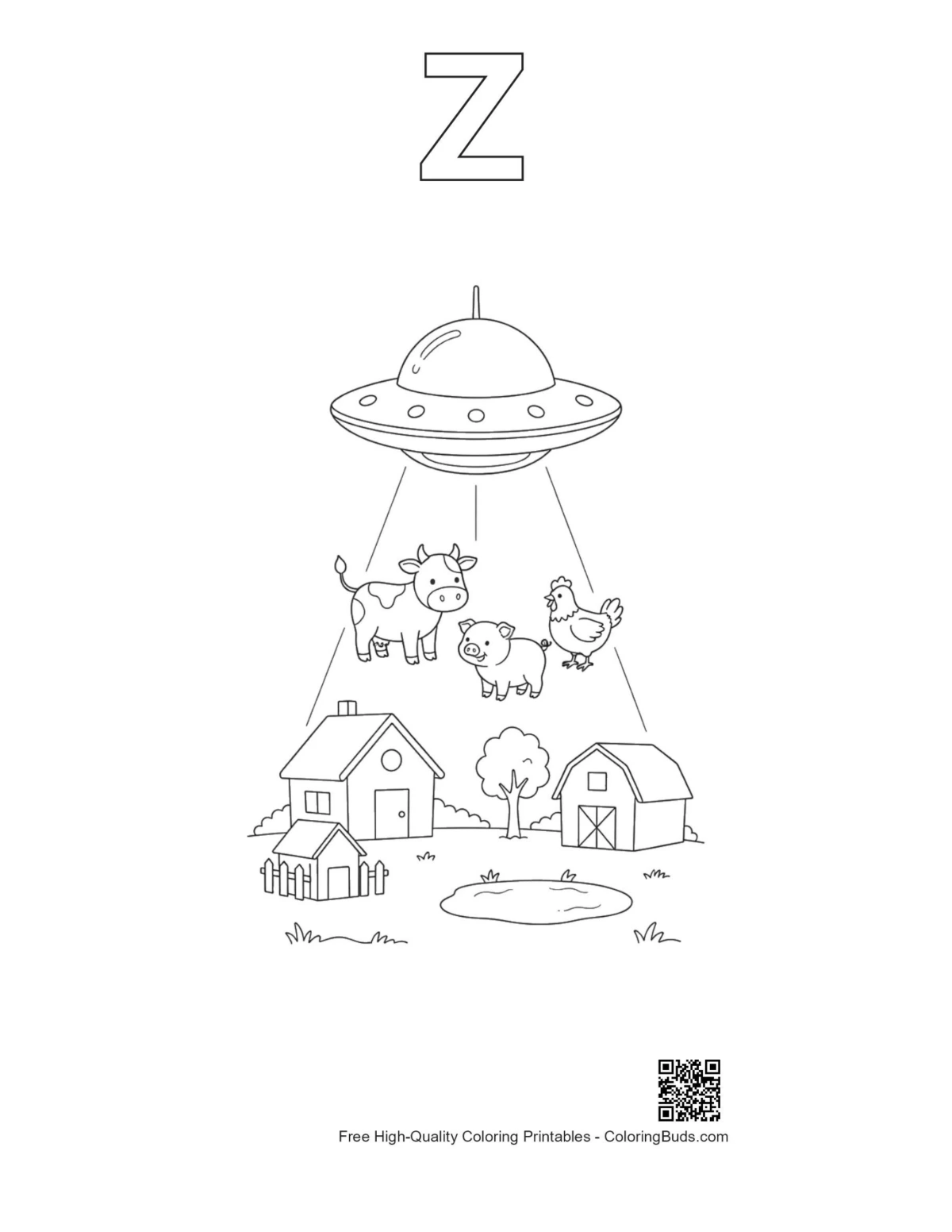 UFO farm cows printable alphabet Z outline