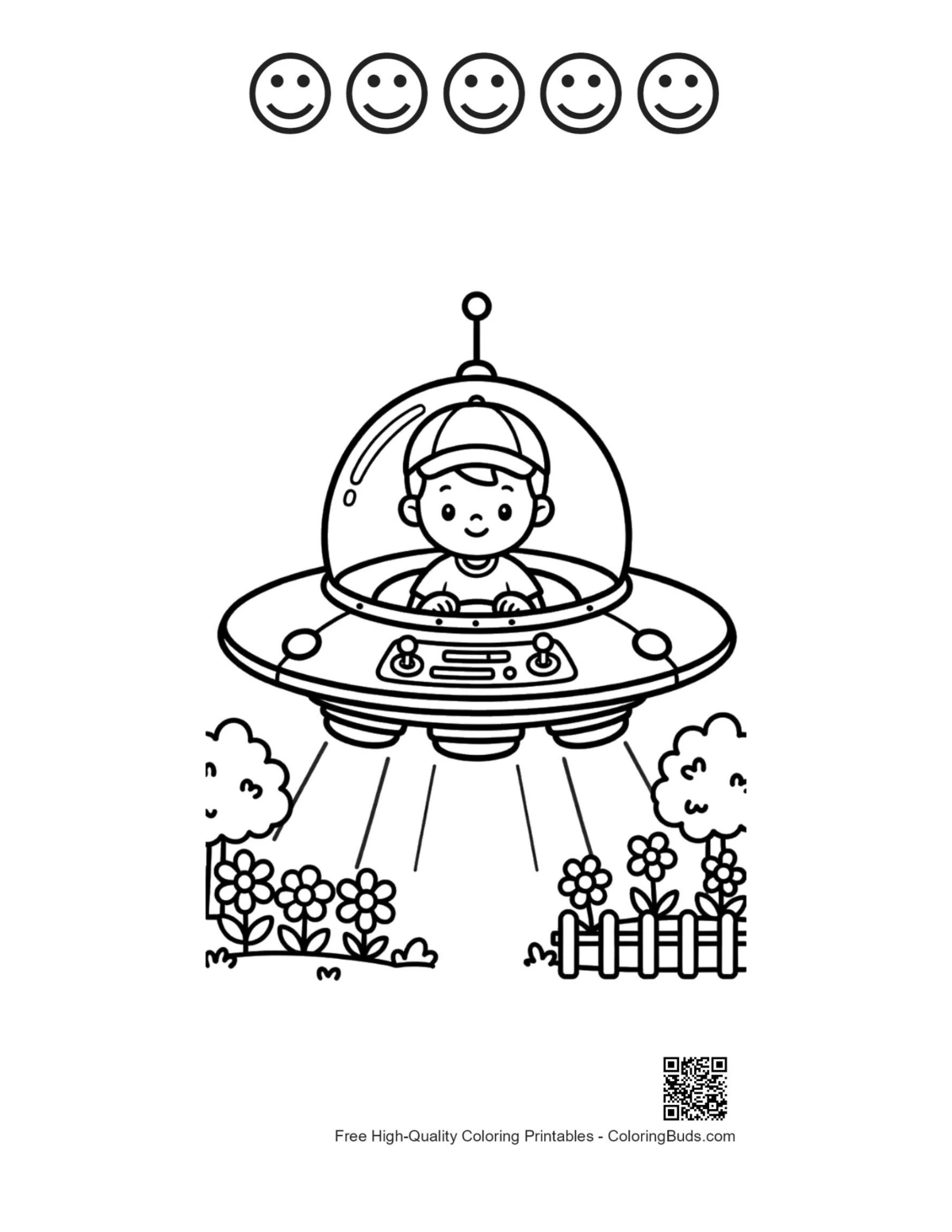 UFO printable coloring page with 5 happy faces