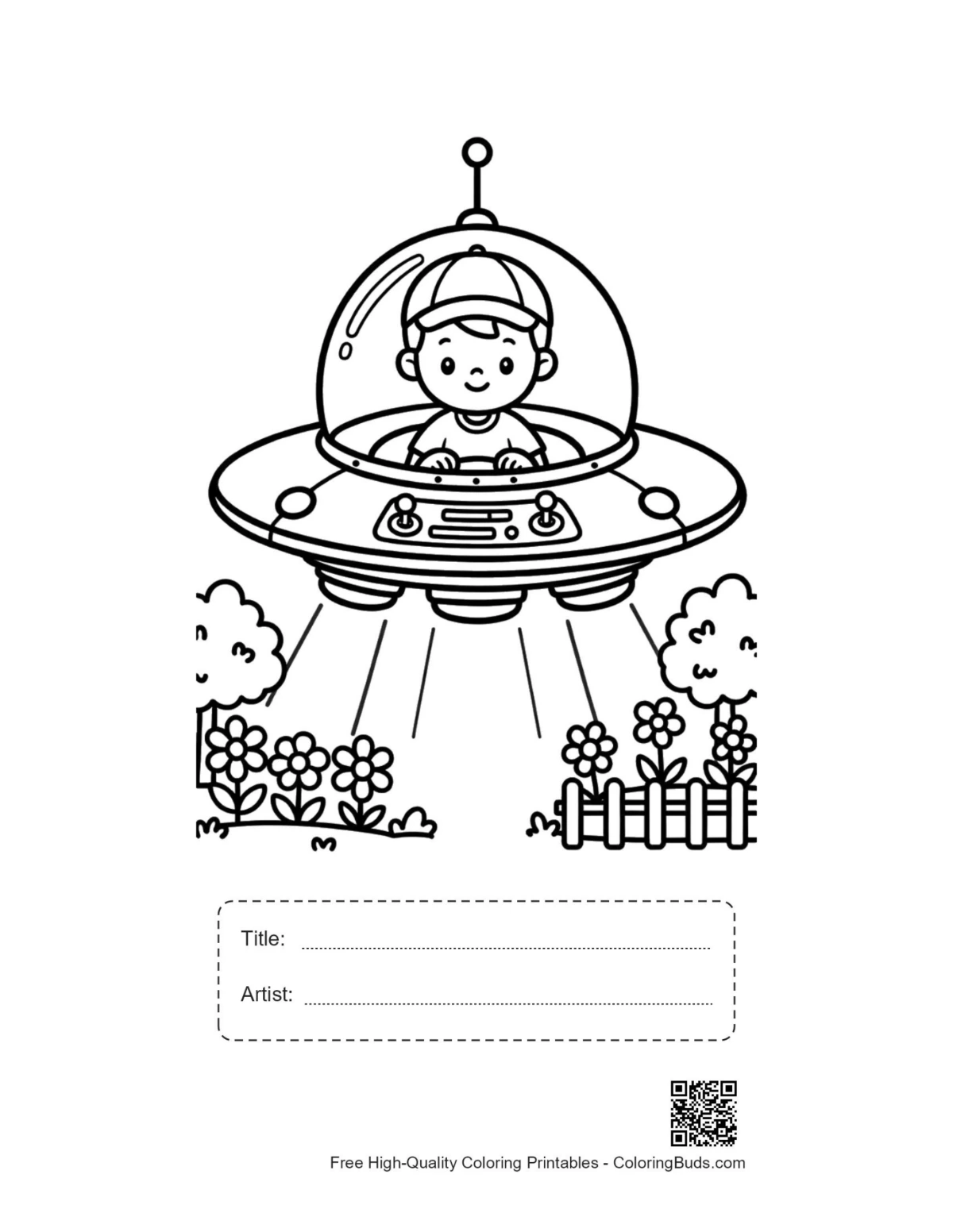 UFO coloring page printable with title artist box