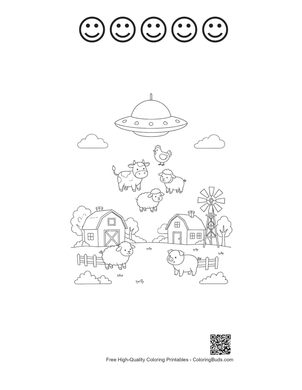 Happy face UFO farm cows coloring page printable