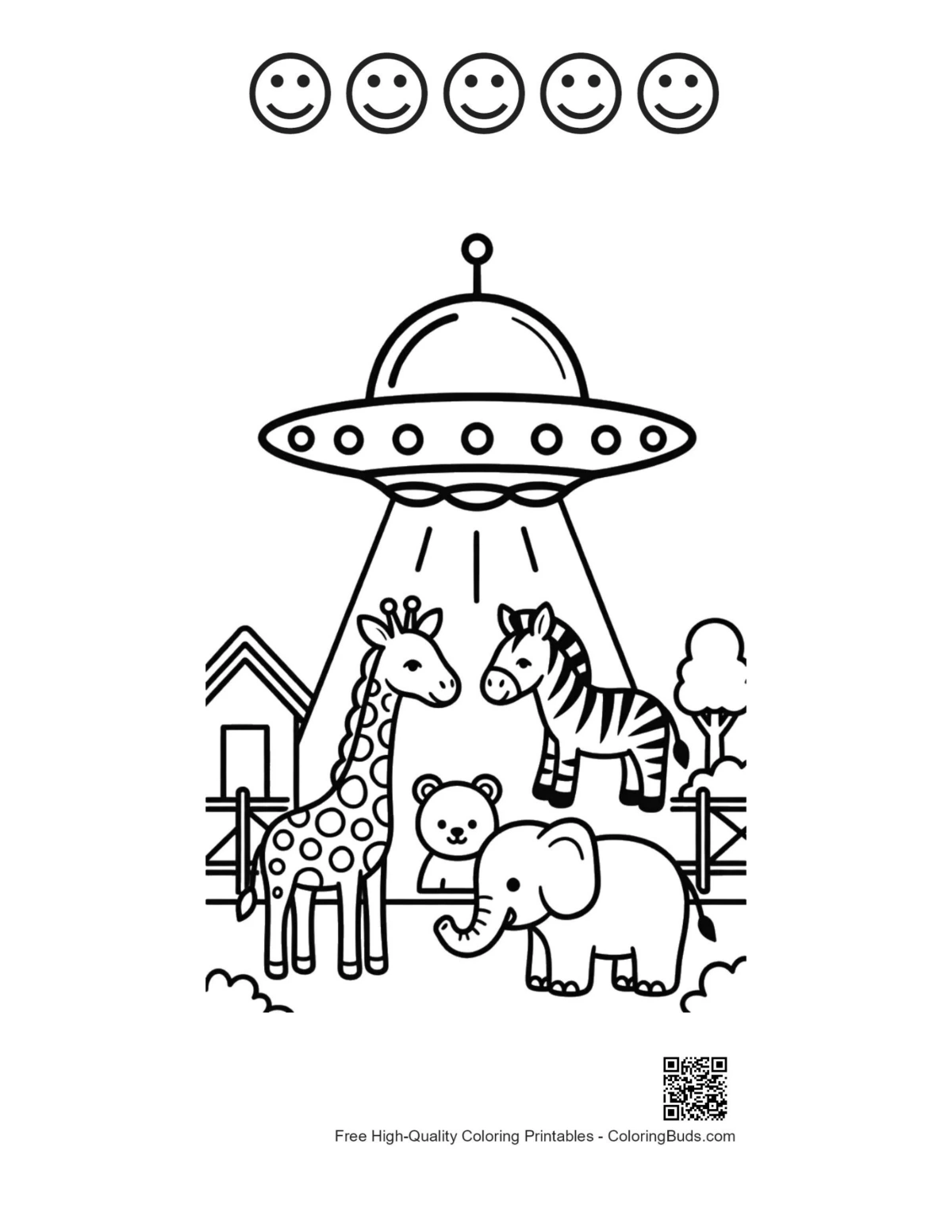 UFO beaming animals with 5 happy faces outline