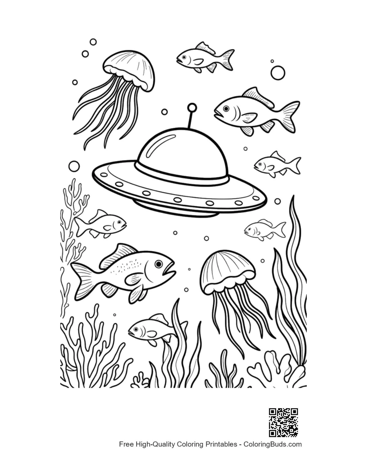 UFO spaceship deep ocean jellyfish coloring printable
